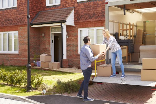 Office moving team preparing equipment for a Harmondsworth business relocation