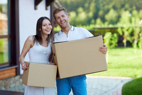 Packed business equipment and furniture ready for transport
